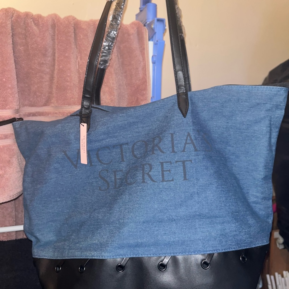 Victoria's Secret Denim Blue and Black Tote